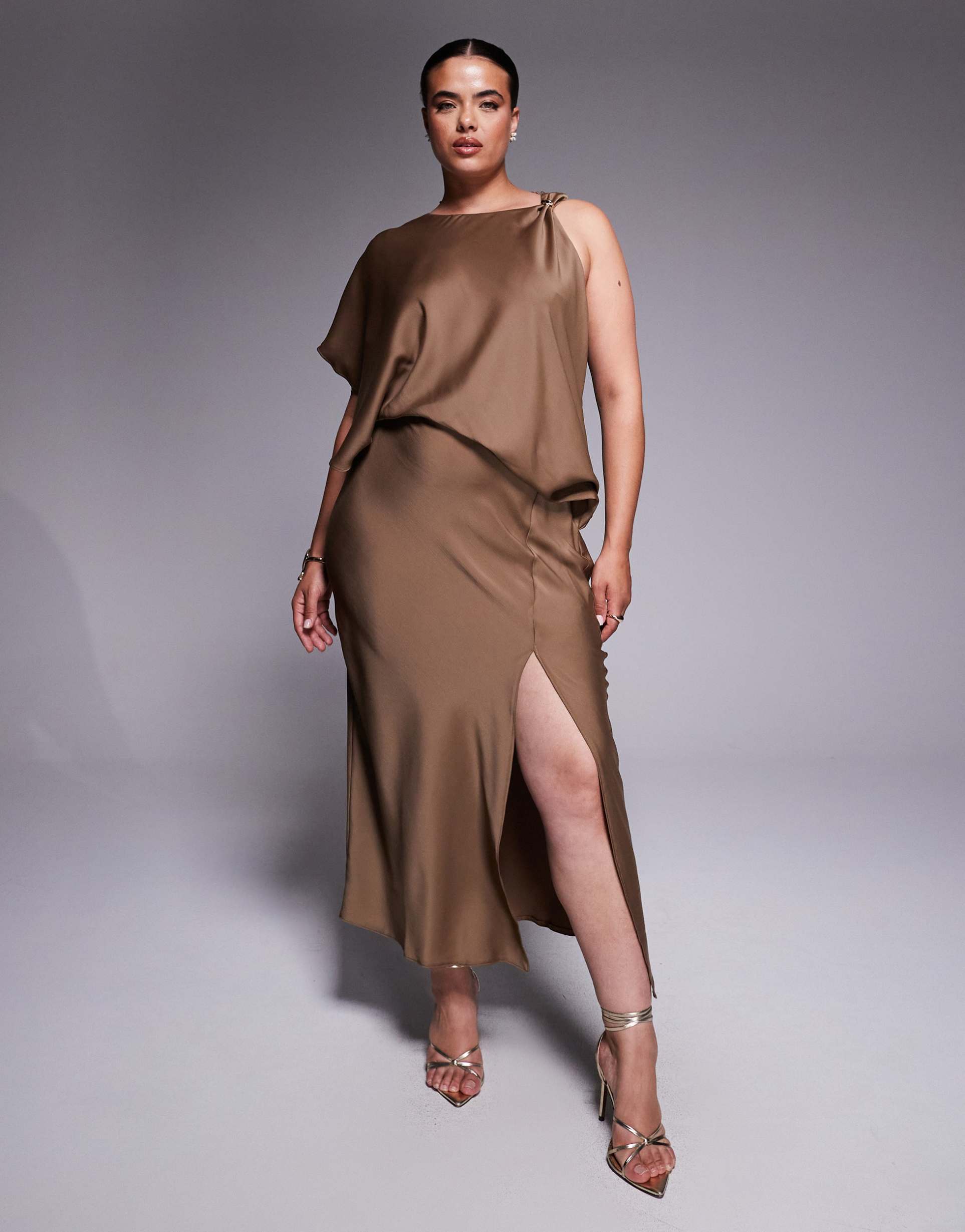 asos design curve drape bodice satin midi dress with trim detail in chocolate
