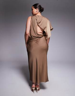 Asos Curve Asos Design Curve Drape Bodice Satin Midi Dress With Trim Detail In Brown