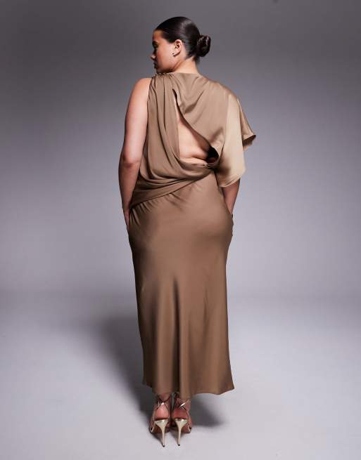 ASOS DESIGN Curve drape bodice satin midi dress with trim detail in chocolate