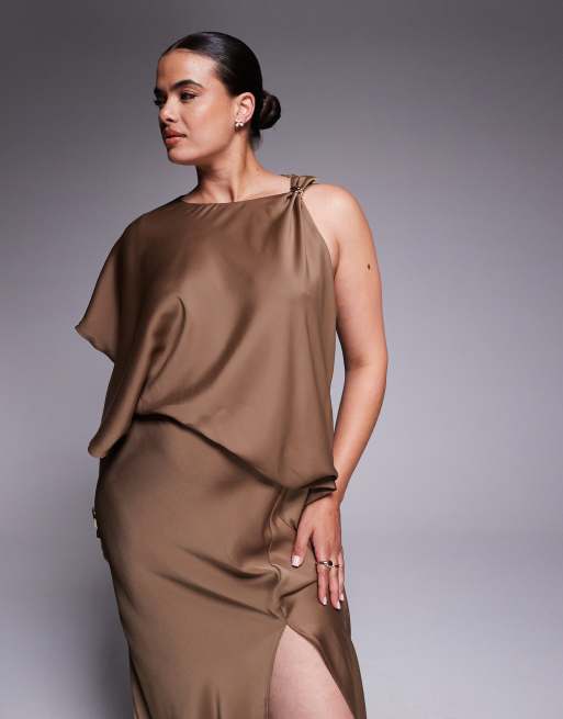 ASOS DESIGN Curve drape bodice satin midi dress with trim detail in chocolate