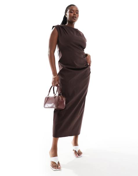ASOS DESIGN Curve drape detail midi dress in brown - view 1