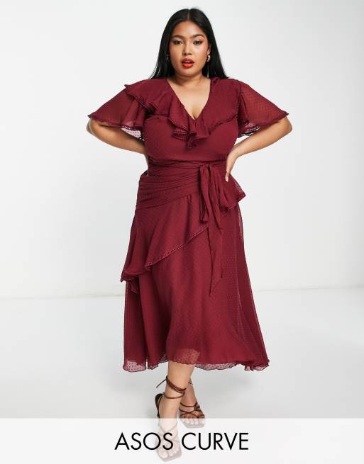 Red v-neck Plus Size Fluted Sleeve Midi Dress