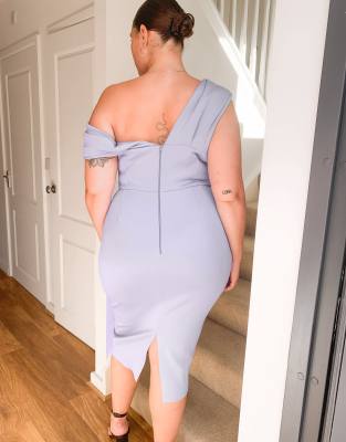 asos design pu drape shoulder midi pencil dress