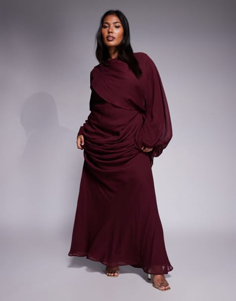 ASOS DESIGN Curve drape front blouson sleeve maxi dress in mulberry - view 1