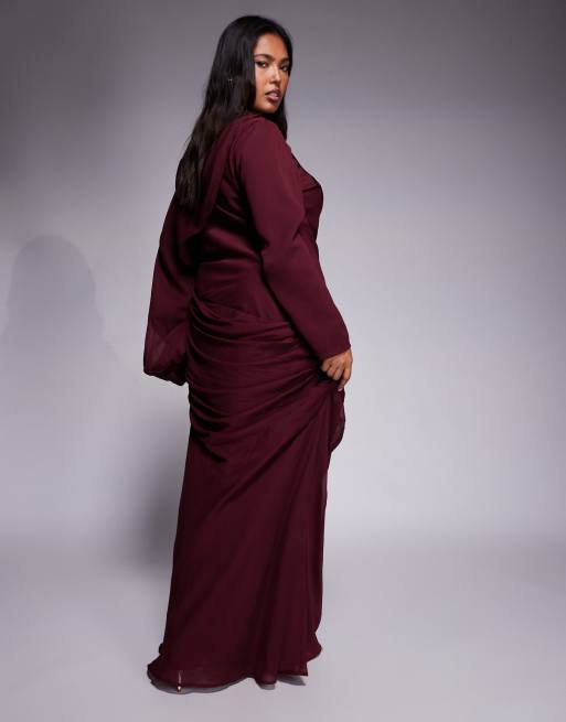 ASOS DESIGN Curve drape front blouson sleeve maxi dress in mulberry, 3 of 4
