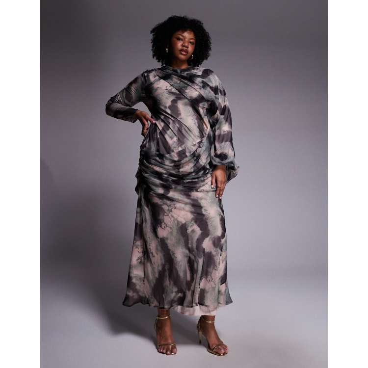 ASOS DESIGN Curve drape front blouson sleeve maxi dress in mustard floral |  ASOS
