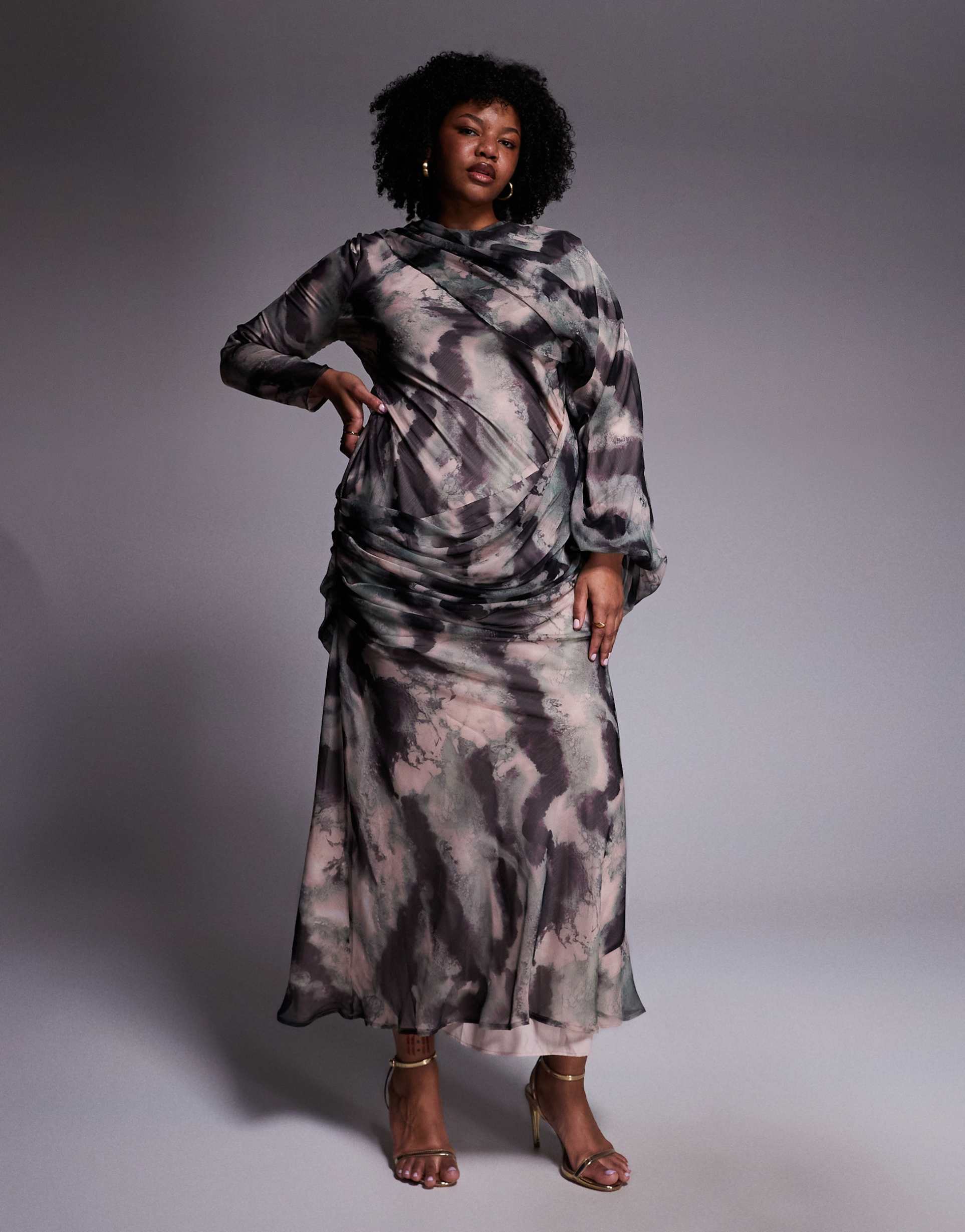 asos design curve drape front blouson sleeve maxi dress in mustard floral