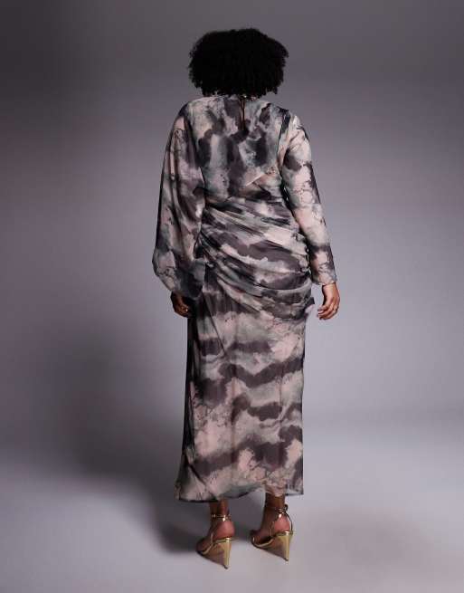 ASOS DESIGN Curve drape front blouson sleeve maxi dress in mustard floral, 2 of 4