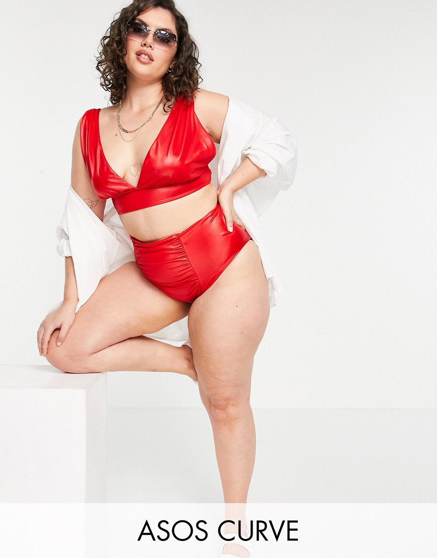 ASOS DESIGN curve drape front high waist bikini bottom in red