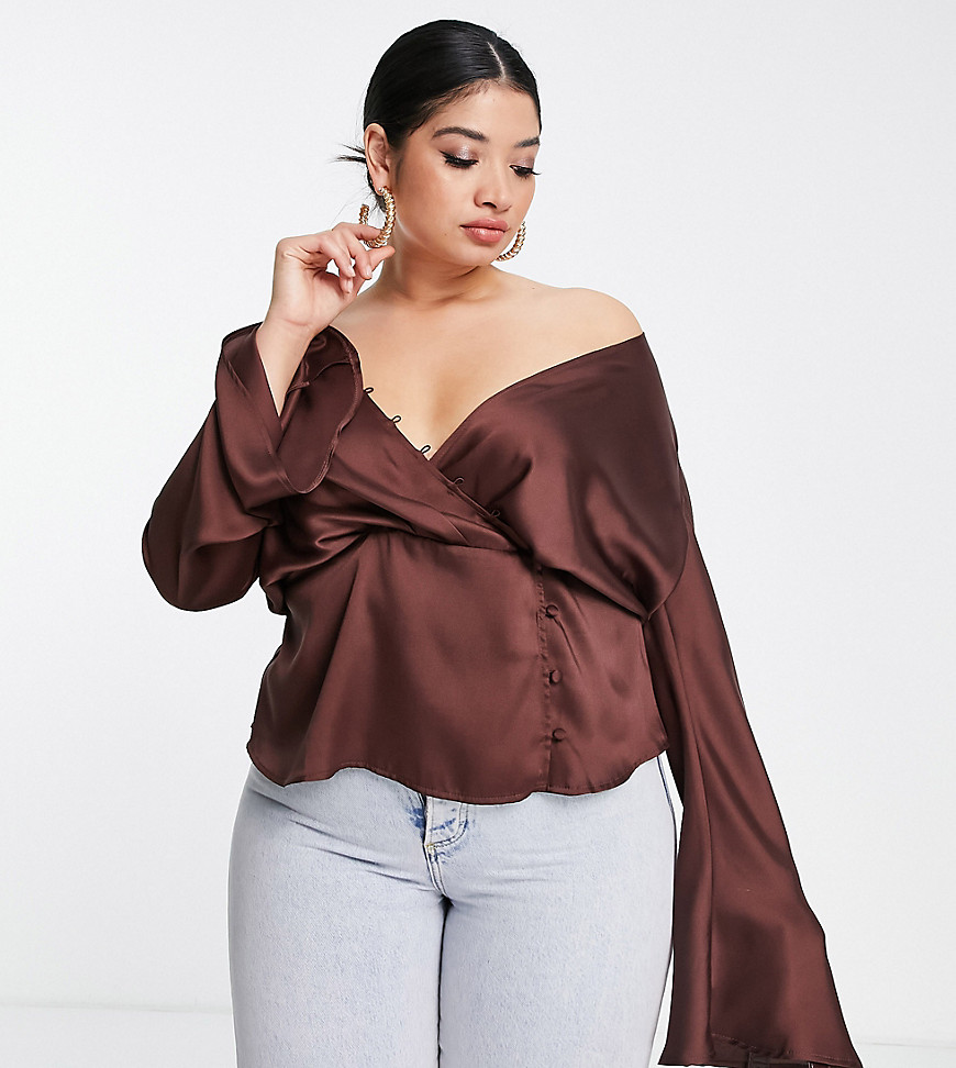 Plus-size top by ASOS DESIGN Love at first scroll Wrap front Off-shoulder sleeves Button details Regular fit