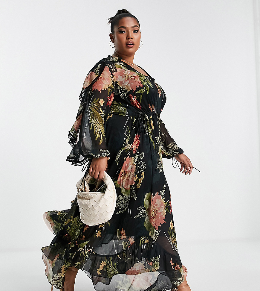 ASOS DESIGN Curve drape ruffle Maxi dress with lace insert and tassle detail in black floral print-Multi