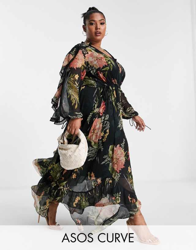 ASOS DESIGN Curve drape ruffle Maxi dress with lace insert and tassle detail in black floral print