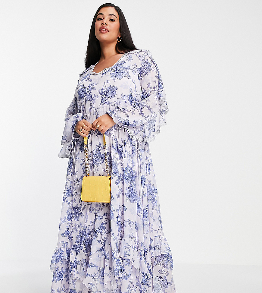 ASOS DESIGN Curve drape ruffle Maxi dress with lace insert and tassle detail in blue floral print-Multi
