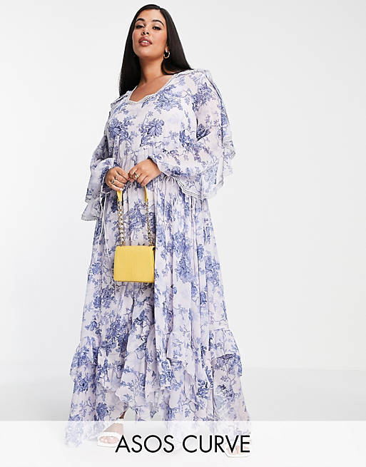 ASOS DESIGN Curve drape ruffle Maxi dress with lace insert and tassle detail in blue floral print
