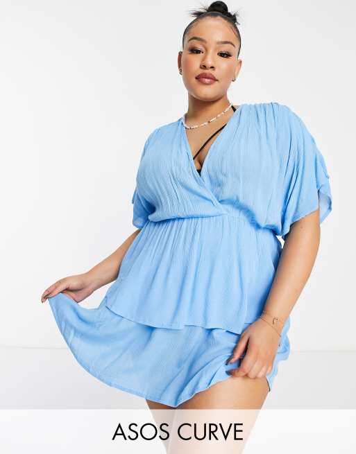 ASOS DESIGN Curve drape tiered beach cover up in blue