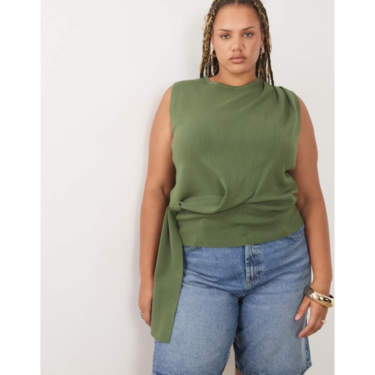 ASOS DESIGN Curve draped asymmetric tank top in khaki | ASOS