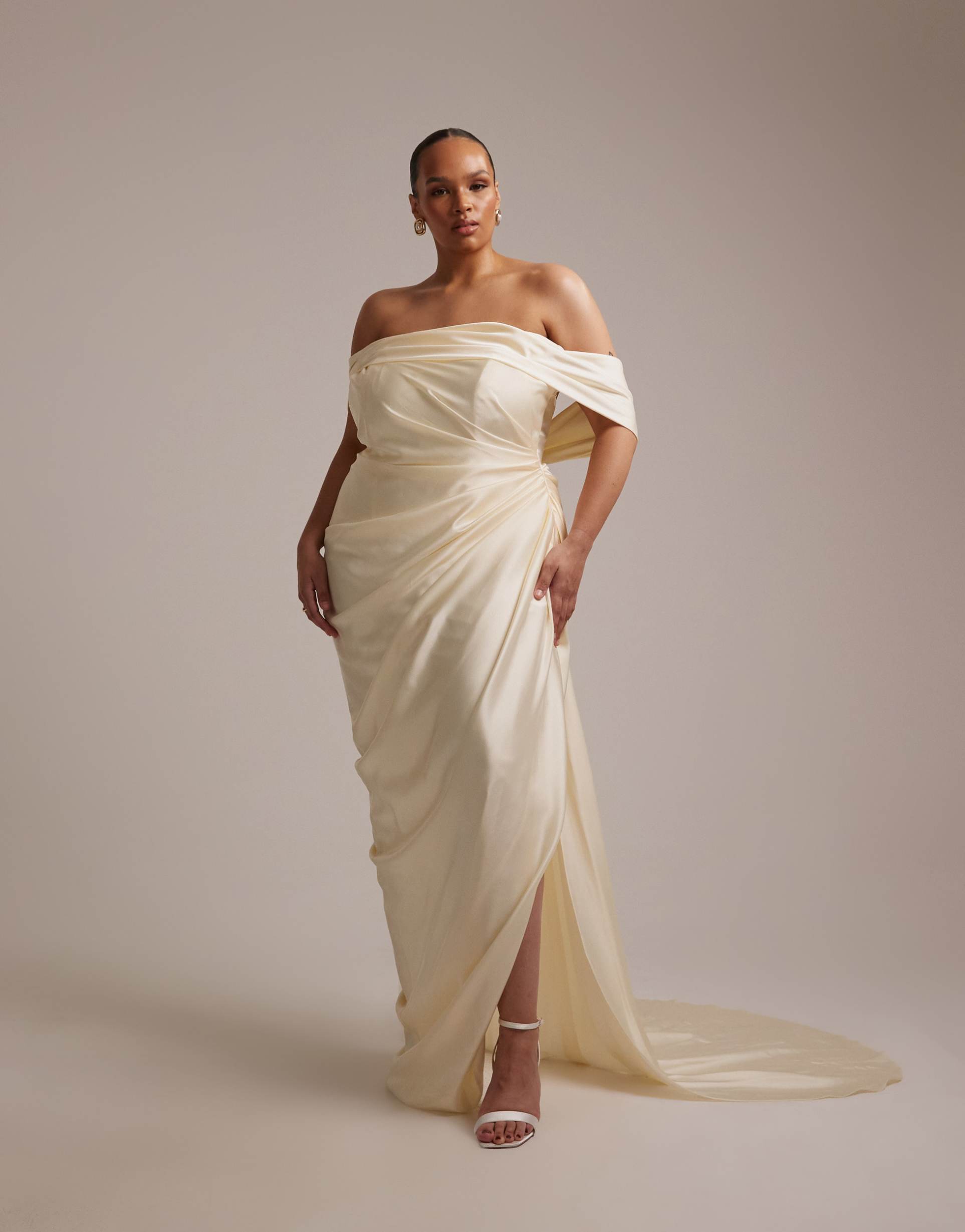 asos design curve draped bardot tie back maxi wedding dress in ivory