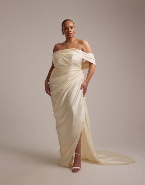 ASOS DESIGN Curve draped bardot tie back maxi wedding dress in ivory