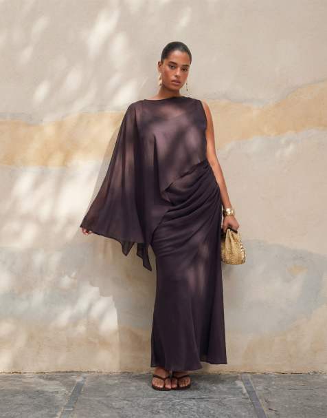 ASOS DESIGN Curve draped batwing asymmetric one sleeve maxi dress in dark chocolate - view 1