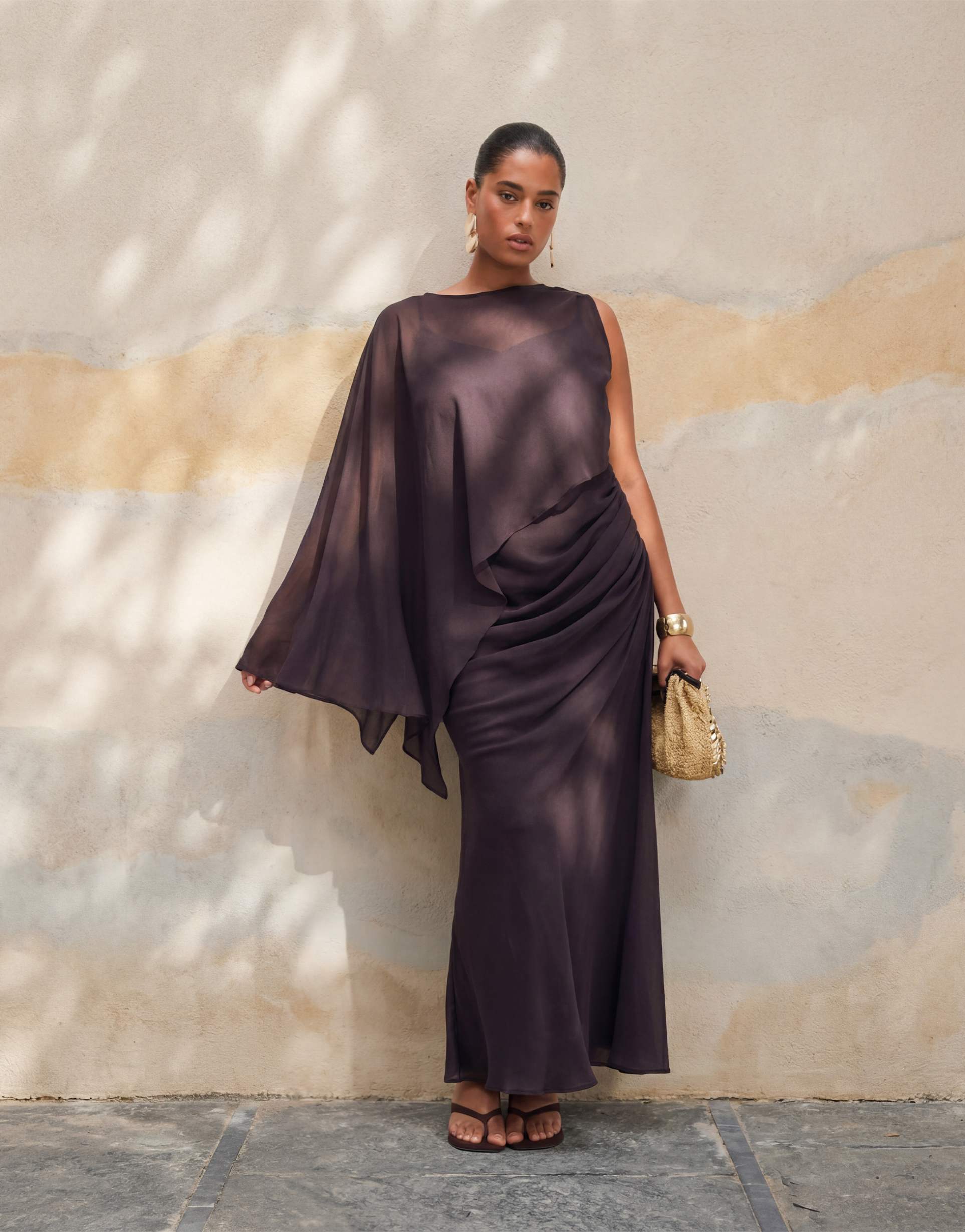 asos design curve draped batwing asymmetric one sleeve maxi dress in dark chocolate
