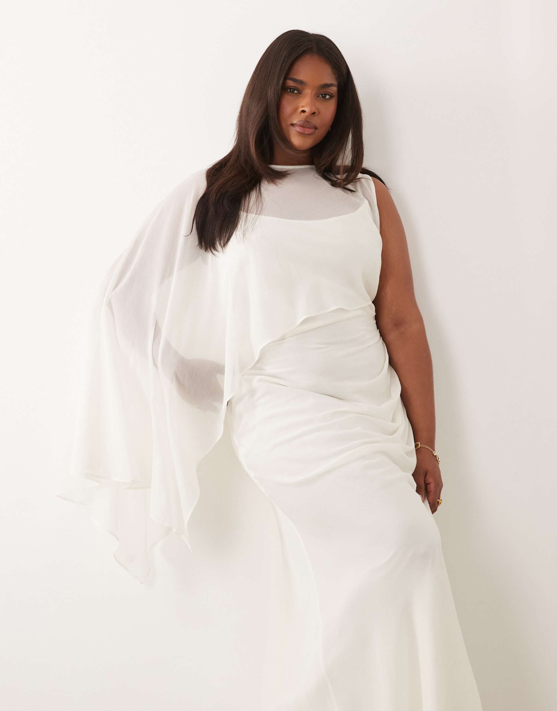 asos design curve draped batwing asymmetric one sleeve maxi dress in ivory