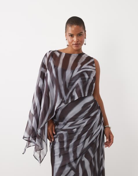 ASOS DESIGN Curve draped batwing asymmetric one sleeve maxi dress in zebra abstract stripe - view 1