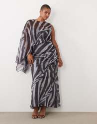 ASOS DESIGN Curve draped batwing asymmetric one sleeve maxi dress in zebra abstract stripe