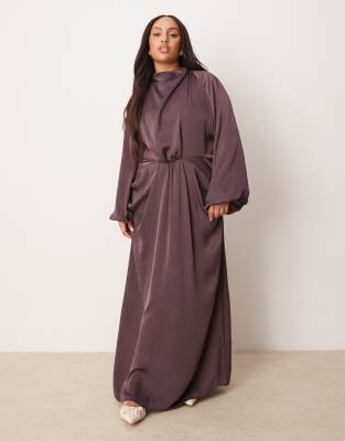 ASOS DESIGN Curve draped blouson sleeve satin maxi dress in mauve-Purple