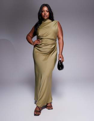 ASOS DESIGN Curve draped bodice maxi dress with cowl back detail in olive-Green