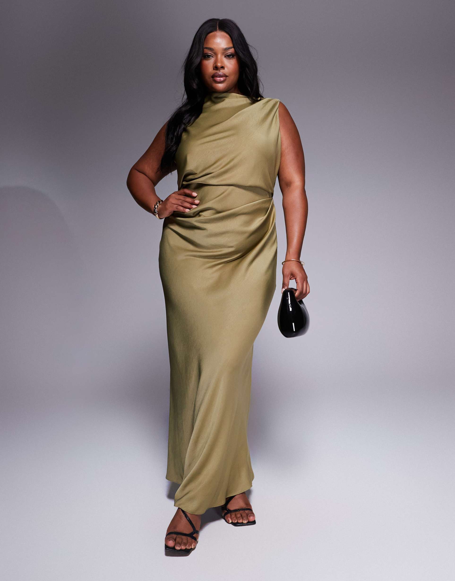 asos design curve draped bodice maxi dress with cowl back detail in olive
