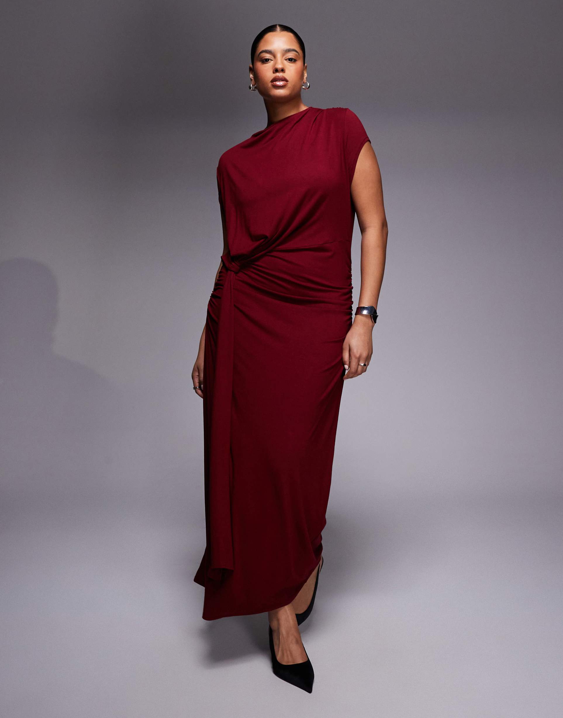 asos design curve draped cap sleeve midaxi dress in red wine
