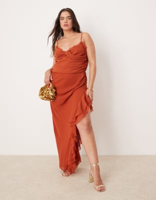 ASOS DESIGN Curve draped crinkle maxi dress with ruffles and strappy details in rust-Red