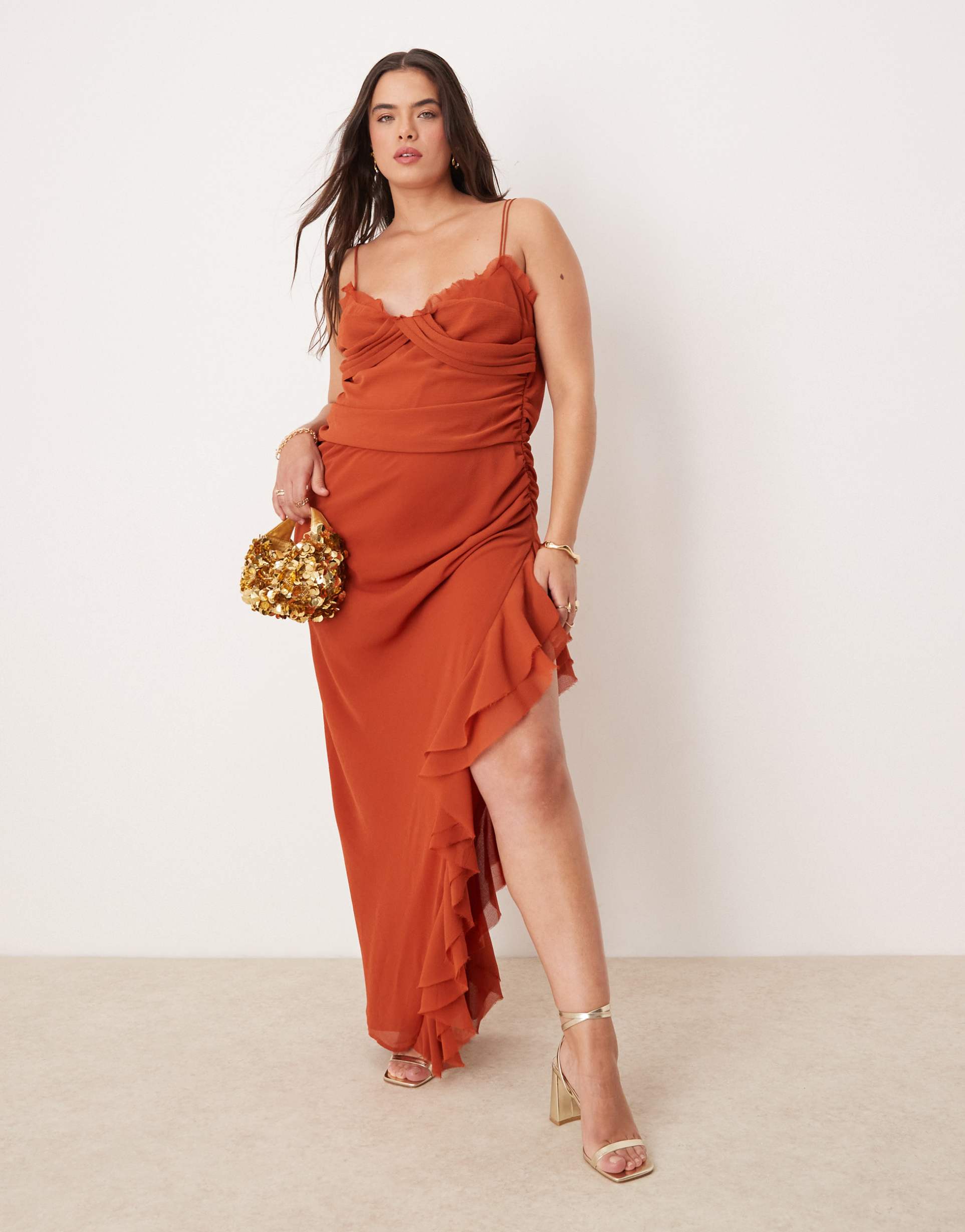 asos design curve draped crinkle maxi dress with ruffles and strappy details in rust