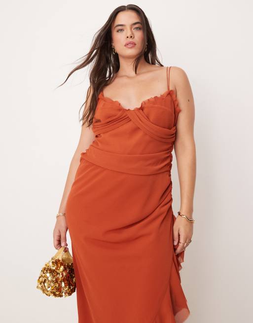 ASOS DESIGN Curve draped crinkle maxi dress with ruffles and strappy details in rust, 4 of 4