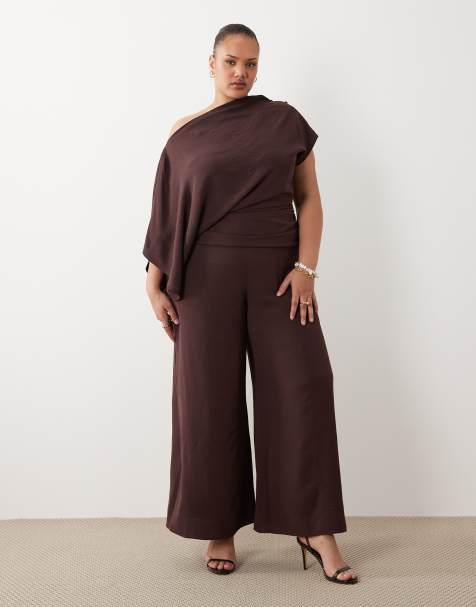 ASOS DESIGN Curve draped fallen shoulder jumpsuit in fudge - view 1
