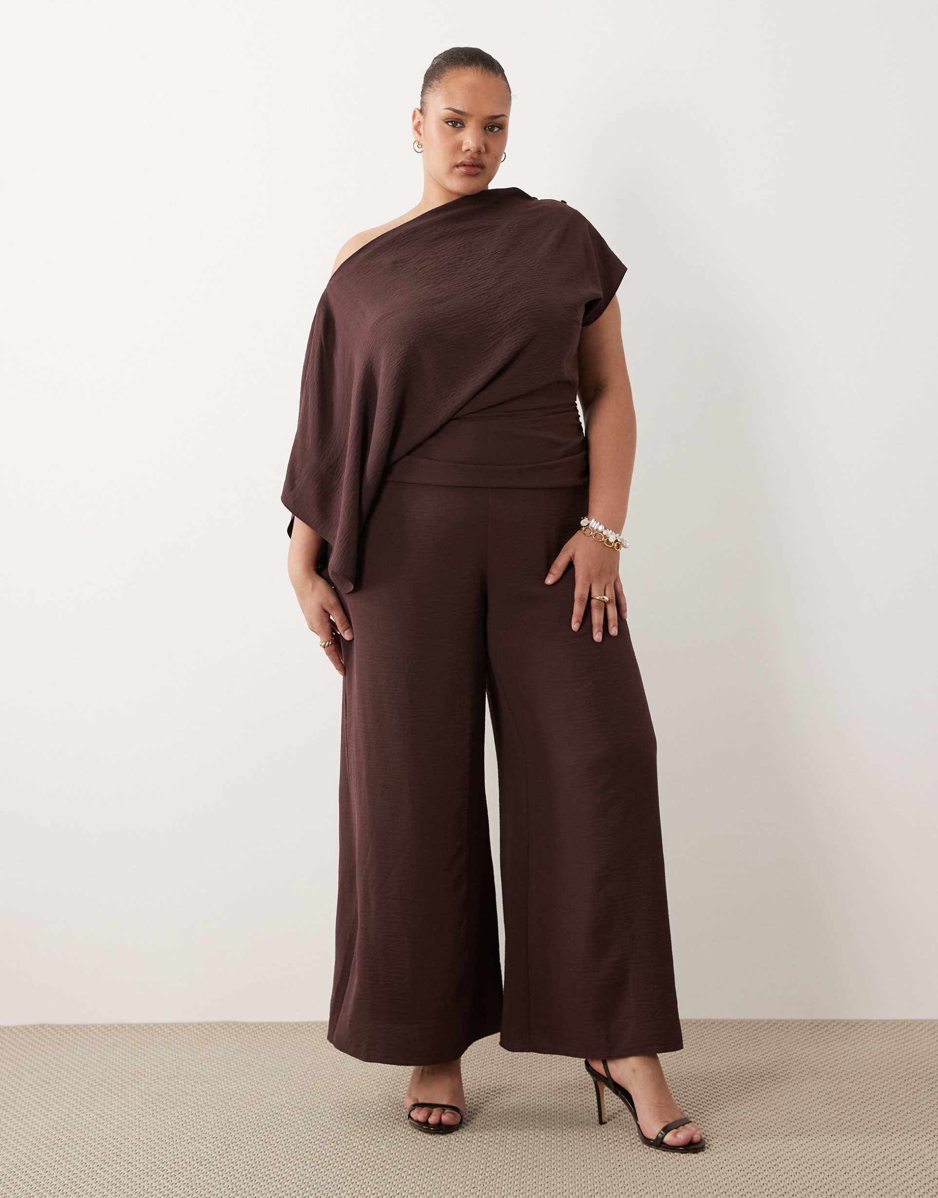 asos design curve draped fallen shoulder jumpsuit in fudge