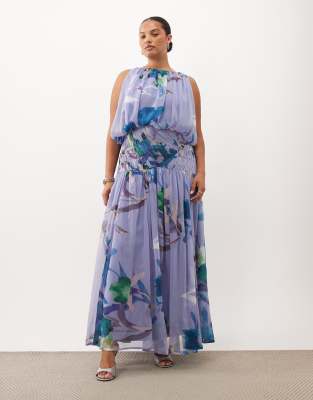 Asos Curve Asos Design Curve Draped Gauged Ruched Waist Detail Maxi Dress In Blue