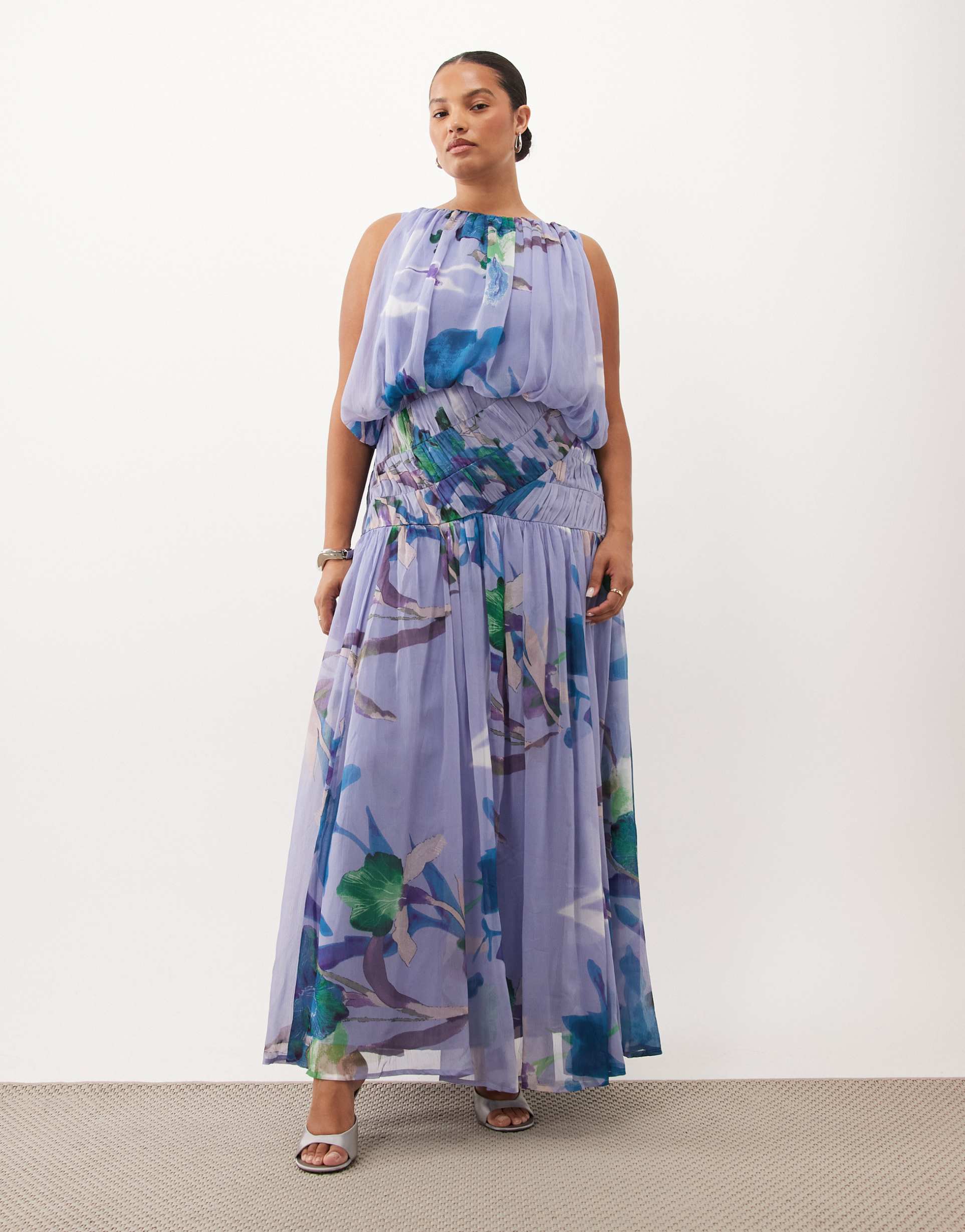 asos design curve draped gauged ruched waist detail maxi dress in blurred floral print