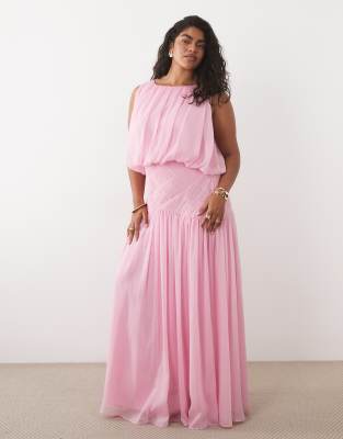 Asos Curve Asos Design Curve Draped Gauged Ruched Waist Detail Maxi Dress In Pink