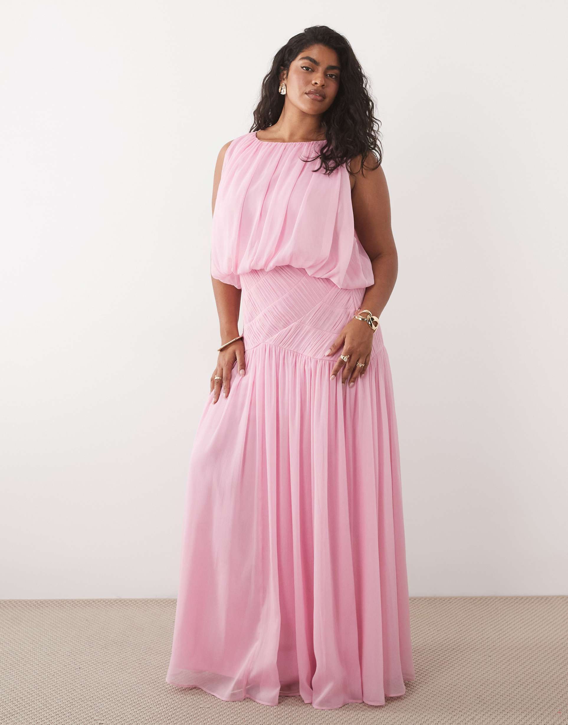 asos design curve draped gauged ruched waist detail maxi dress in pink