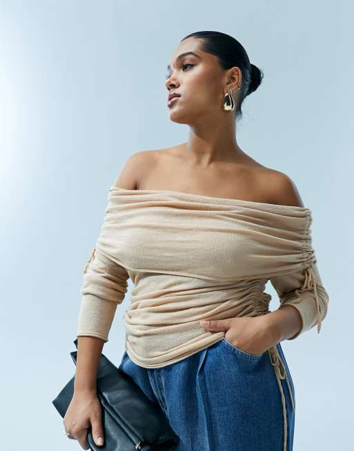 ASOS DESIGN Curve draped knit off shoulder top in wool blend in tan