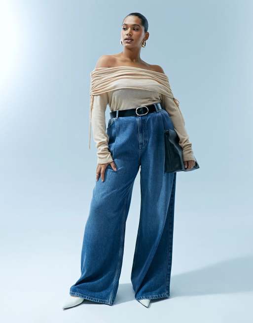 ASOS DESIGN Curve draped knitted off shoulder top in wool blend in