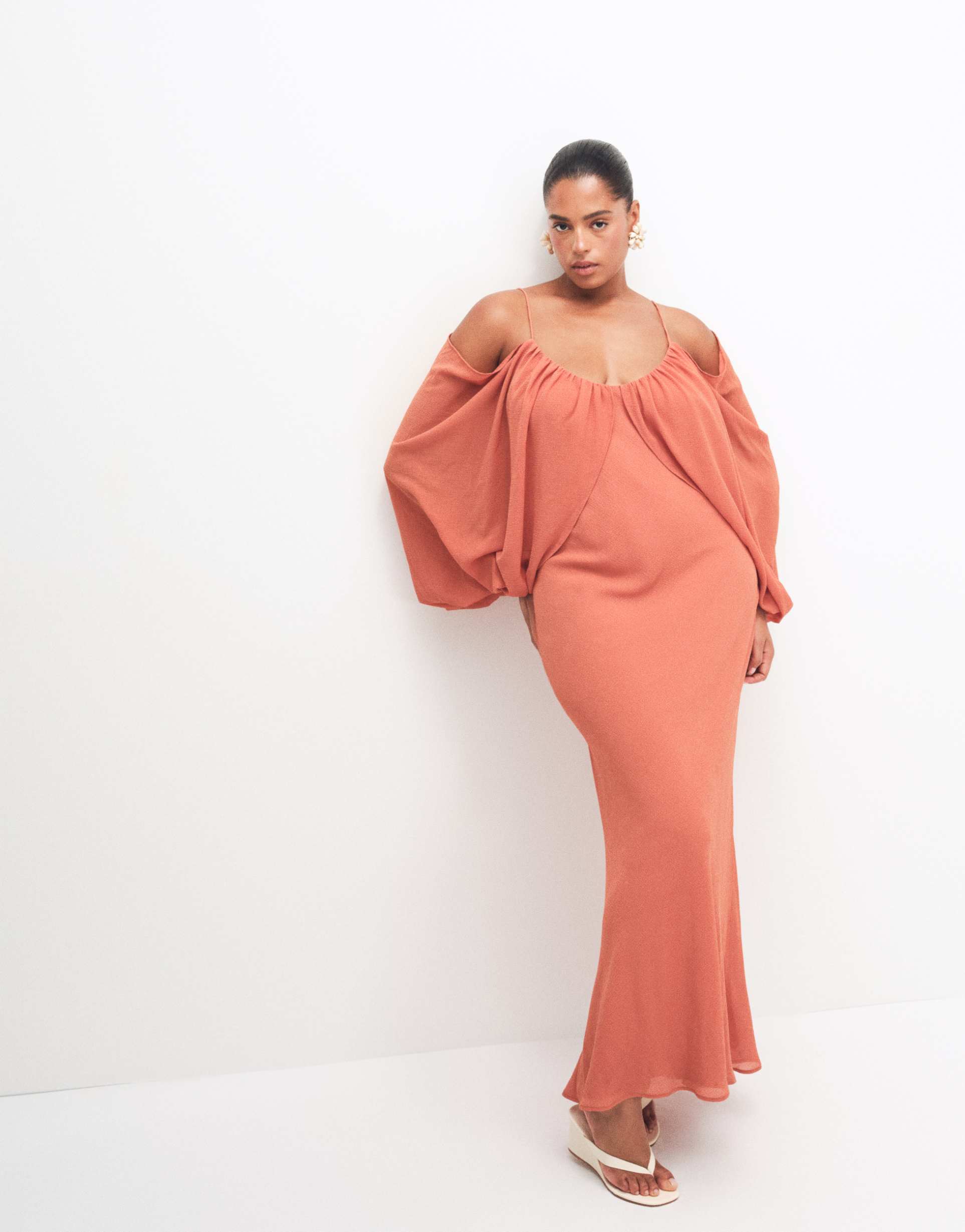 asos design curve draped maxi dress with draped blouson sleeve & tassel tie in rust