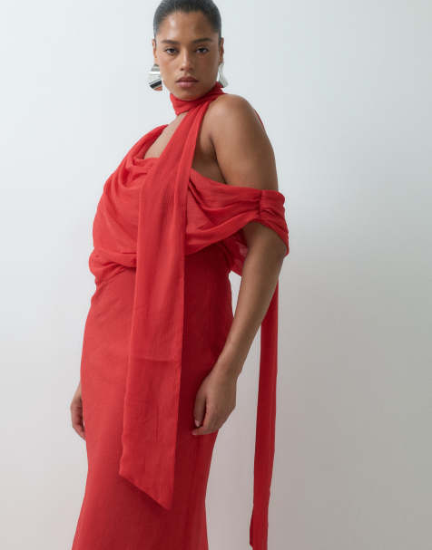 ASOS DESIGN Curve draped off shoulder scarf detail double layer maxi dress in deep red