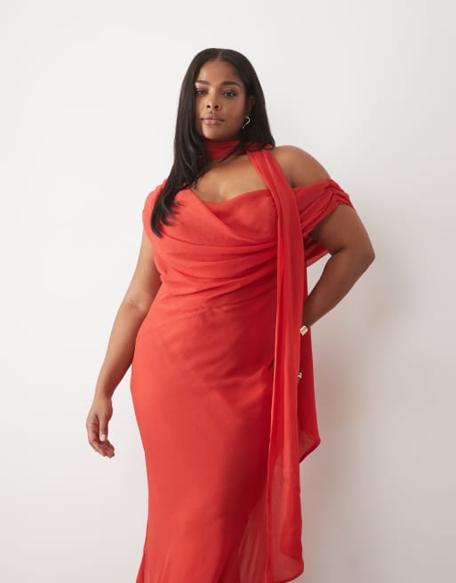 ASOS DESIGN Curve draped off shoulder scarf detail double layer maxi dress in deep red, 2 of 4