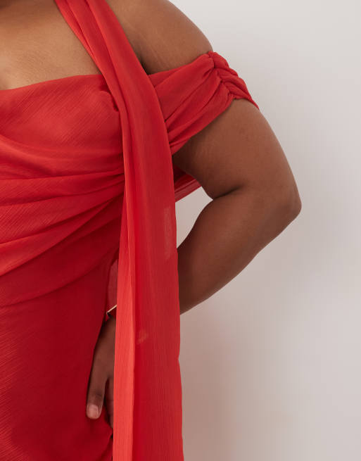 ASOS DESIGN Curve draped off shoulder scarf detail double layer maxi dress in deep red, 4 of 4