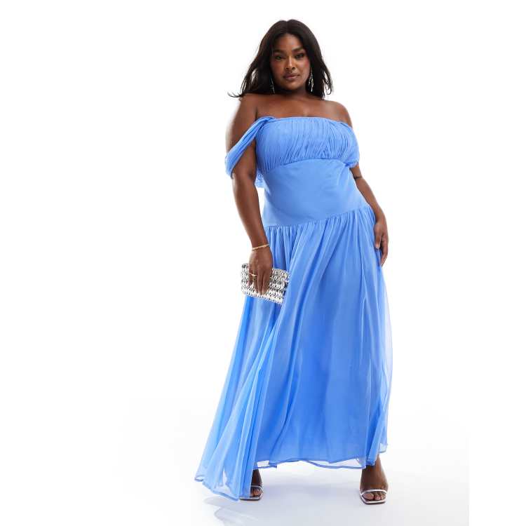 ASOS DESIGN Curve draped off the shoulder drop waist maxi dress in cornflower blue ASOS