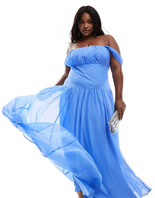 ASOS DESIGN Curve draped off the shoulder drop waist maxi dress in cornflower blue ASOS