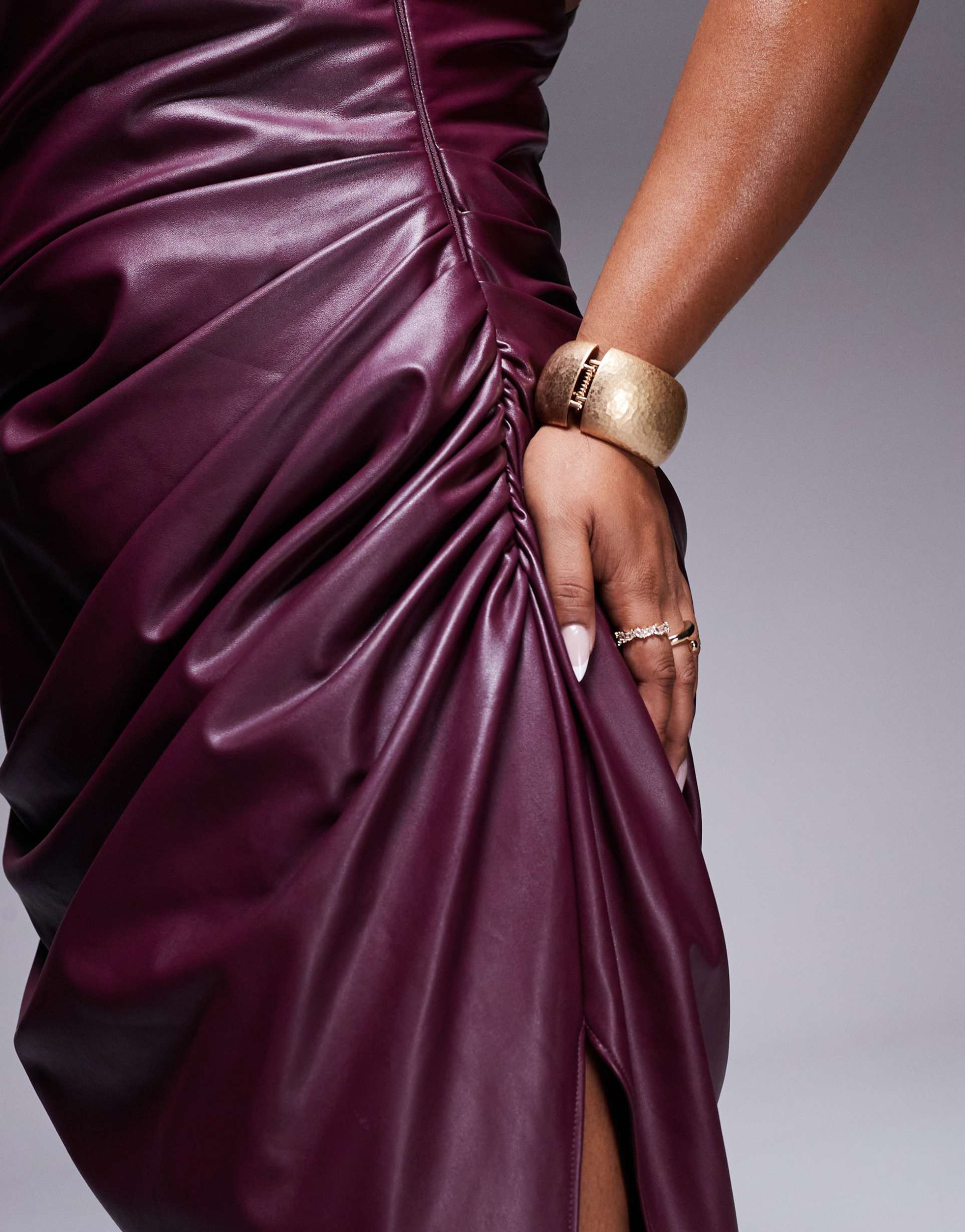 asos design curve draped one shoulder pu cami wrap midi dress in burgundy