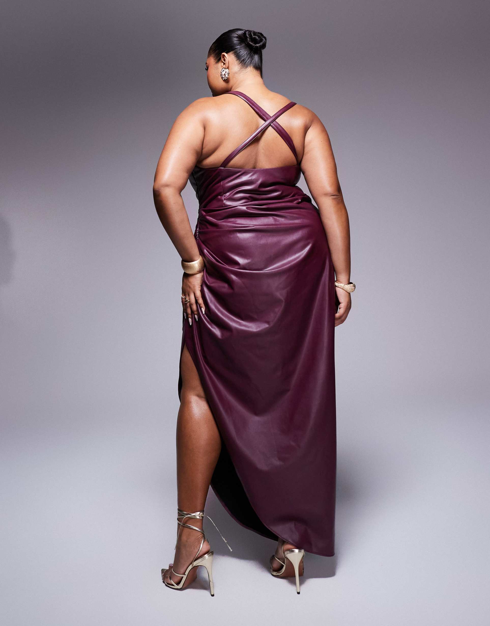 asos design curve draped one shoulder pu cami wrap midi dress in burgundy